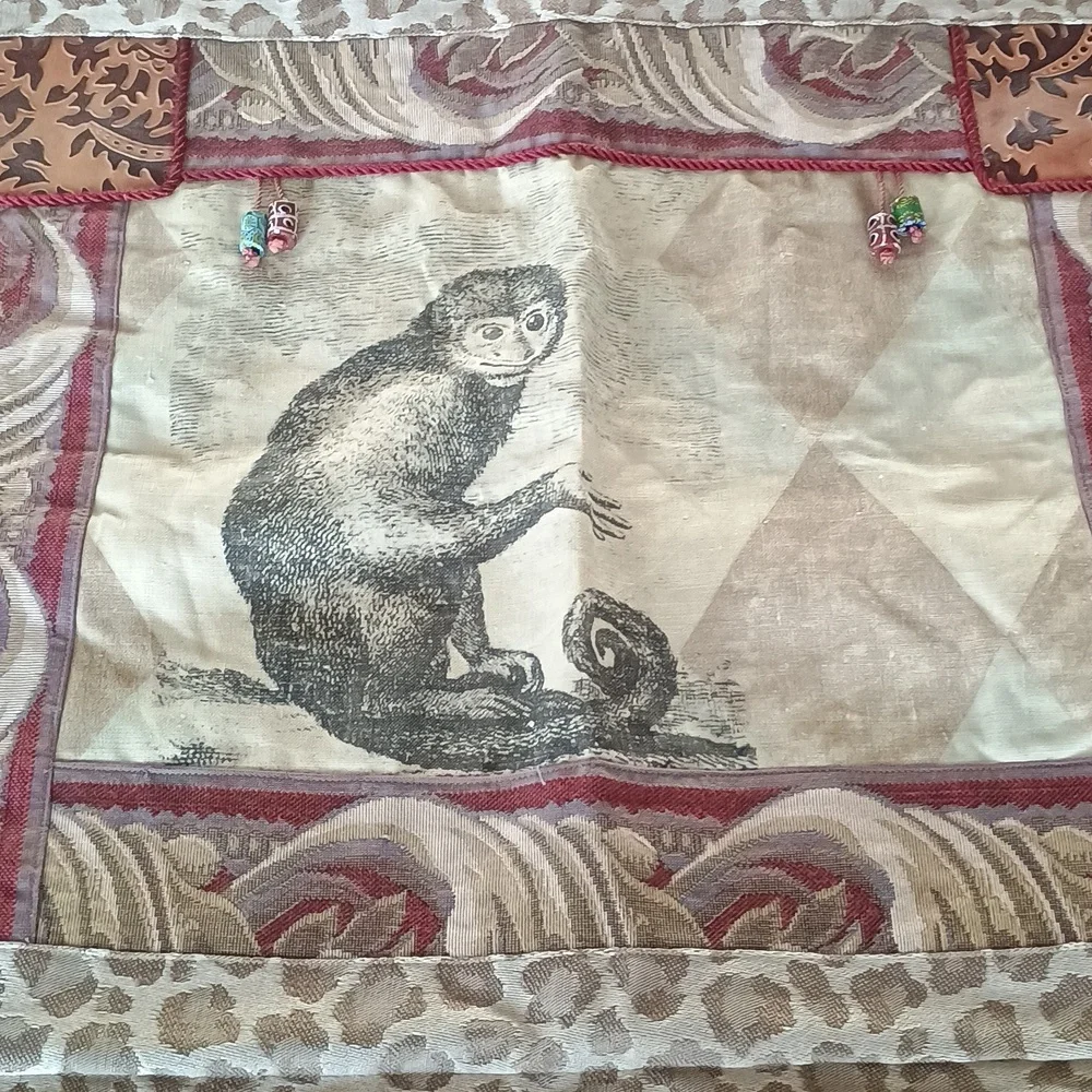 PILLOW SHAMS SET OF TWO WITH MONKEYS AND TASSELS BURGUNDY TAN LEOPARD PRINT